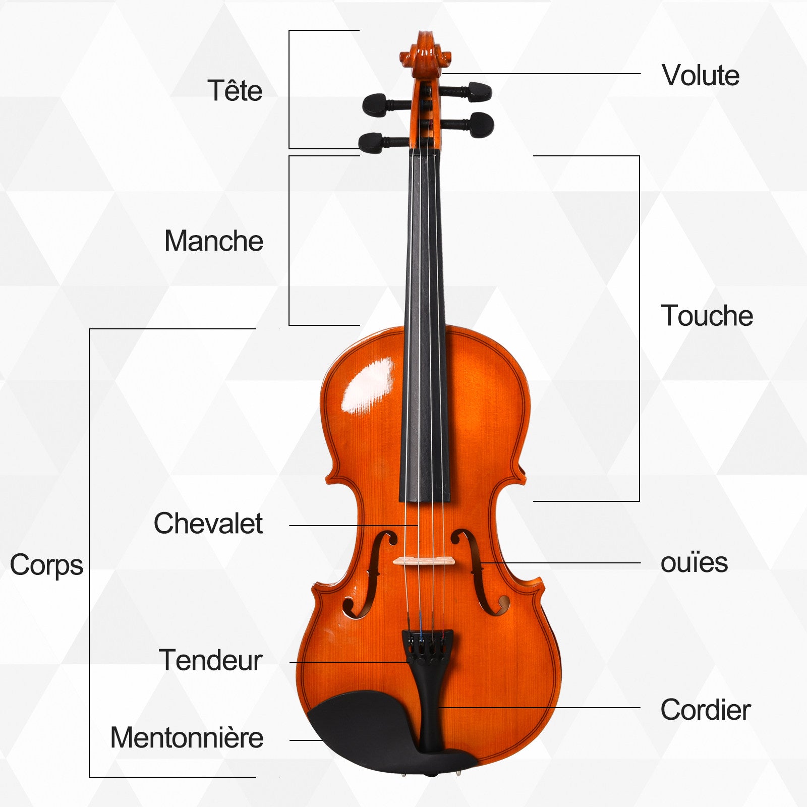 Violon 4/4 pleine grandeur avec étui, accordeur, épaulière, archet, colophane, cordes rechange et chiffon