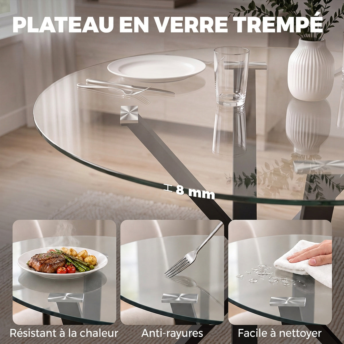 Tavolo da pranzo rotondo per 4 persone, Ø 80 x 75 cm, tavolo da cucina, piano in vetro temperato, trasparente