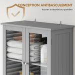 Meuble de salle de bain haut, meuble de rangement avec 4 portes dont 2 vitrées, 2 tiroirs et étagères réglables, gris