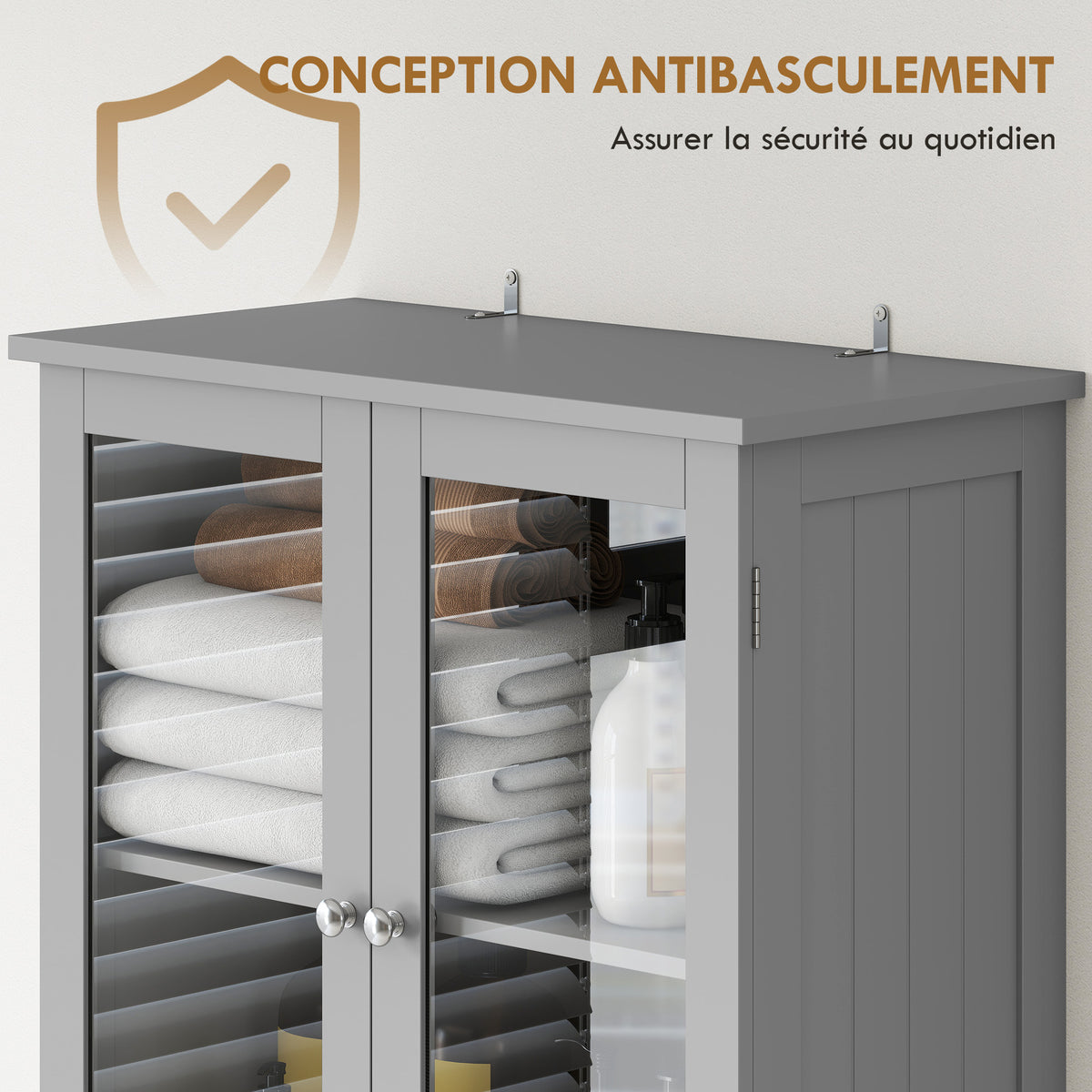 Meuble de salle de bain haut, meuble de rangement avec 4 portes dont 2 vitrées, 2 tiroirs et étagères réglables, gris