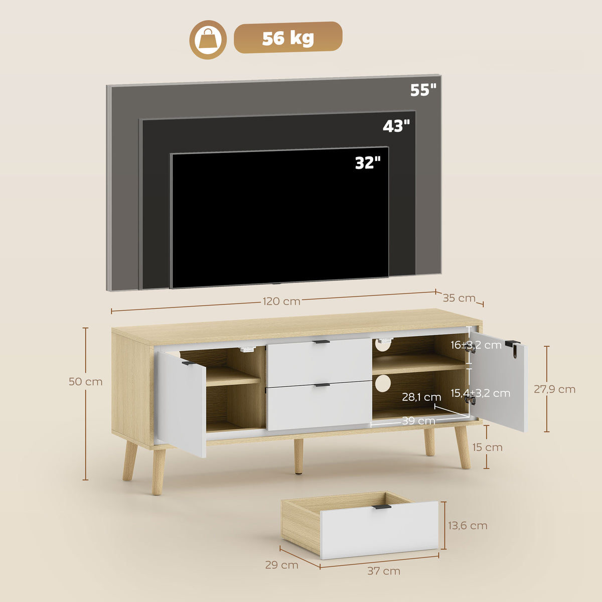 Meuble TV, meuble télé pour jusqu'à 55 pouces, 2 portes à haute brillance, 2 tiroirs silencieux, 120 x 35 x 50 cm, blanc