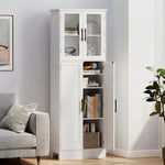 Meuble de salle de bain haut 6 niveaux, meuble de rangement avec 4 portes dont 2 vitrées et étagères réglables, blanc