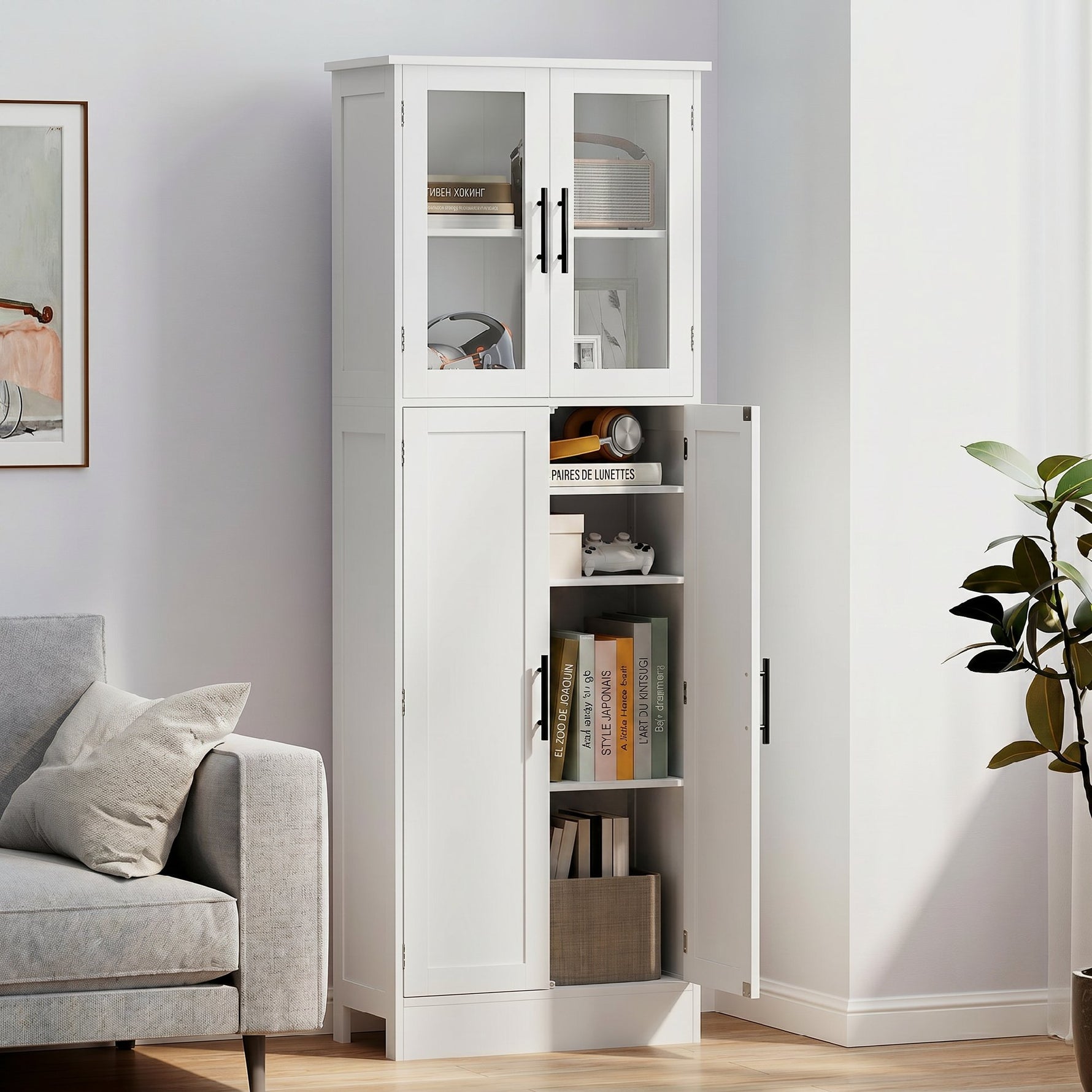 Meuble de salle de bain haut 6 niveaux, meuble de rangement avec 4 portes dont 2 vitrées et étagères réglables, blanc
