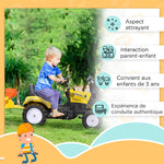 Pedal tractor backhoe with trailer, shovel and rake, outdoor toy for children aged 3 and up, yellow and black