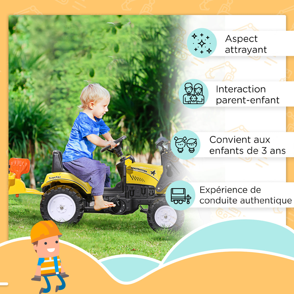 Pedal tractor backhoe with trailer, shovel and rake, outdoor toy for children aged 3 and up, yellow and black