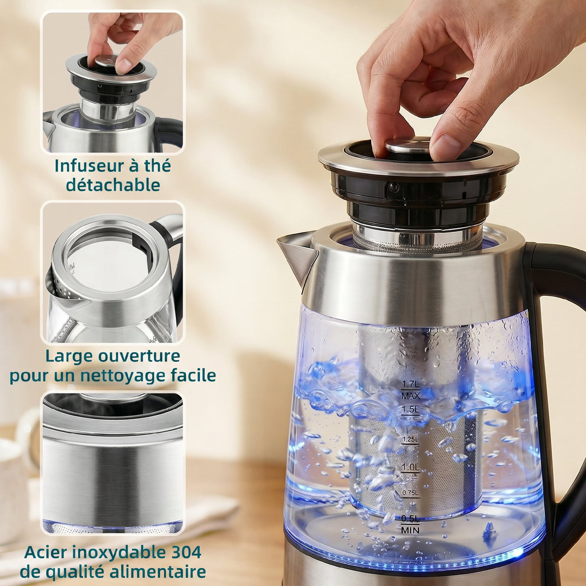 Bouilloire électrique, 1,7L, ébullition rapide 2200W avec thermostat strix, infuseur à thé, fonction maintien au chaud