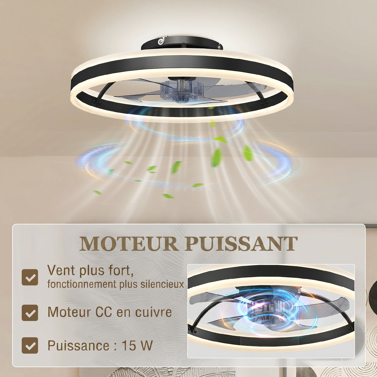 Ceiling fan with light and remote control, 50 cm ceiling fan light with 6 speeds, black