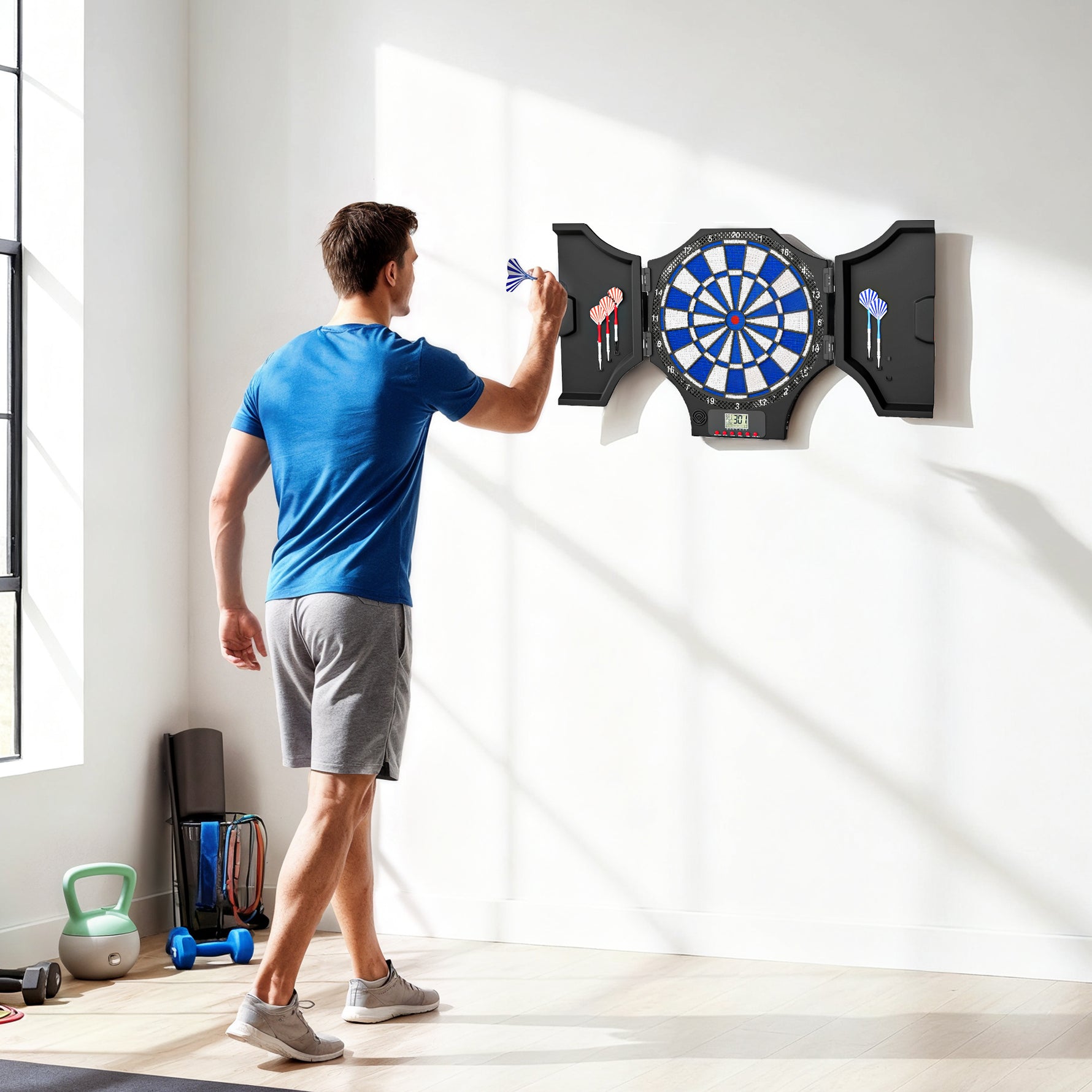 Cible jeu de fléchettes électronique refermable 2 portes 31 jeux jusqu'à 8 joueurs affichage LCD haut-parleur noir