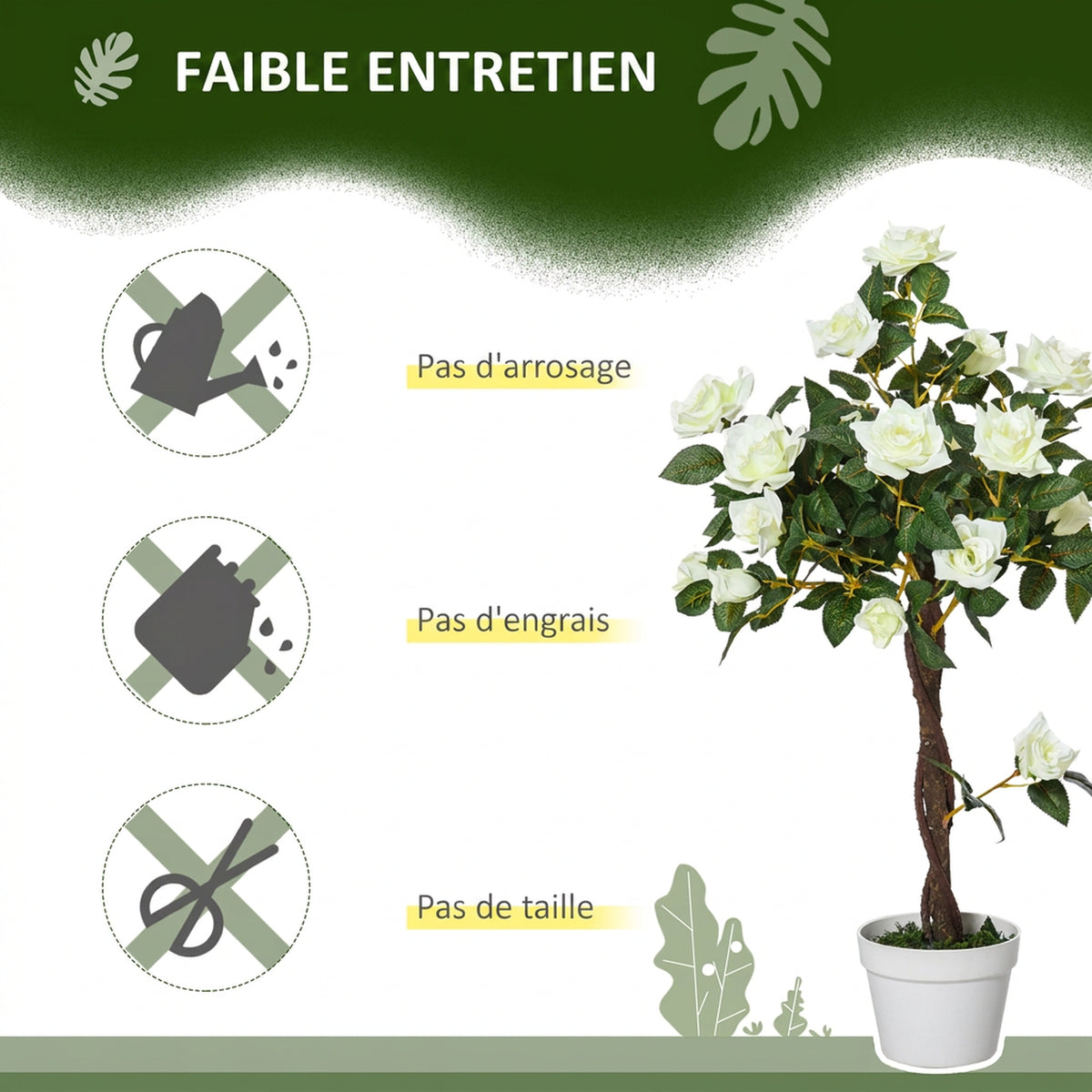 Arbre à Roses Artificiel 90 cm en Plastique, 21 Fleurs, 350 Feuilles en Tissu, Pot, Facile à Entretenir, Blanc