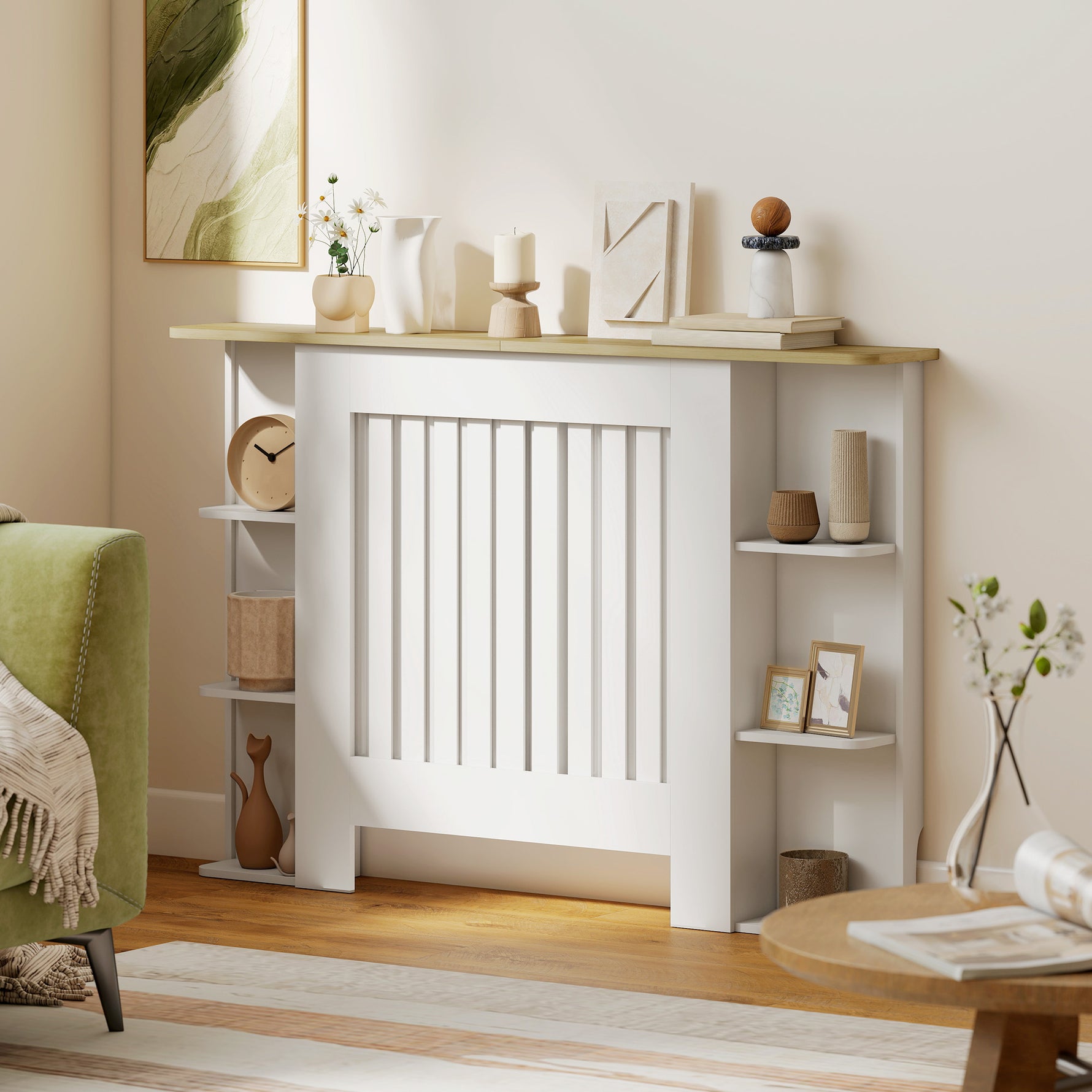 Cache-radiateur avec étagères de rangement ouvertes, couvercle de radiateur en bois à lattes, 124x19x83cm, blanc