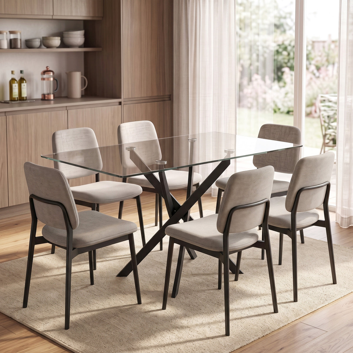 Mesa de Cocina, Tablero de Vidrio Templado, Base Cruzada de Acero, Estilo Moderno, para Comedor, Cocina, Sala de Estar