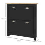 Armoire à chaussures 2 portes abattantes 2 compartiments poignées coquilles métal 79 x 23 x 90,5 cm noir chêne