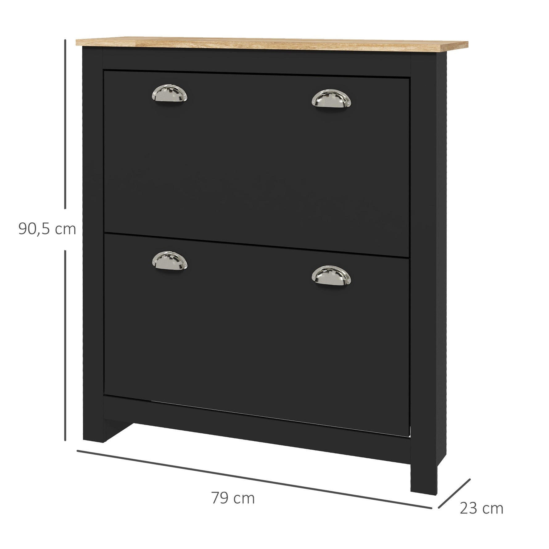 Armoire à chaussures 2 portes abattantes 2 compartiments poignées coquilles métal 79 x 23 x 90,5 cm noir chêne