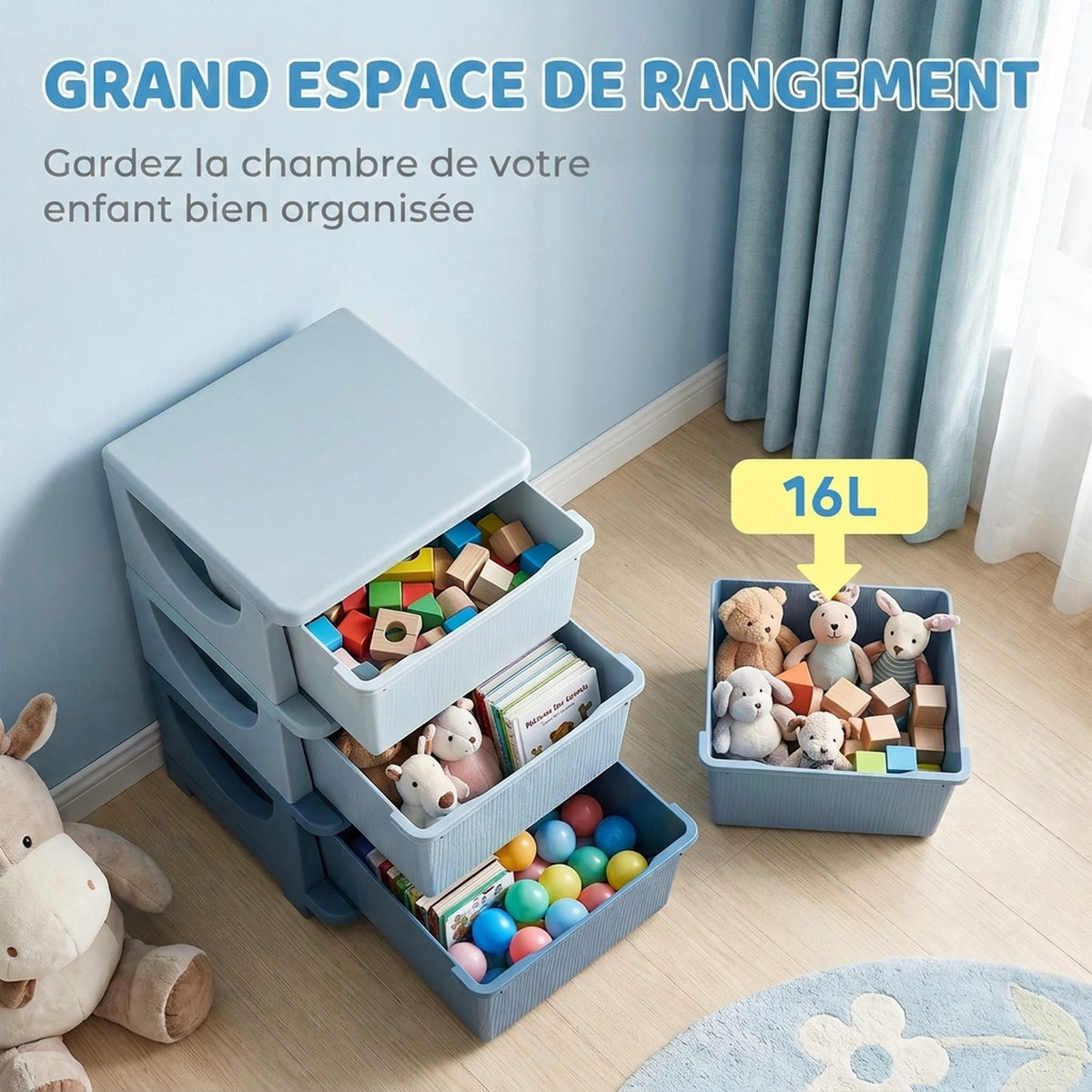 Organisateur de jouets pour enfants avec tiroirs à 3 niveaux, boîtes de rangement en plastique, 37 x 37 x 56,5 cm, bleu
