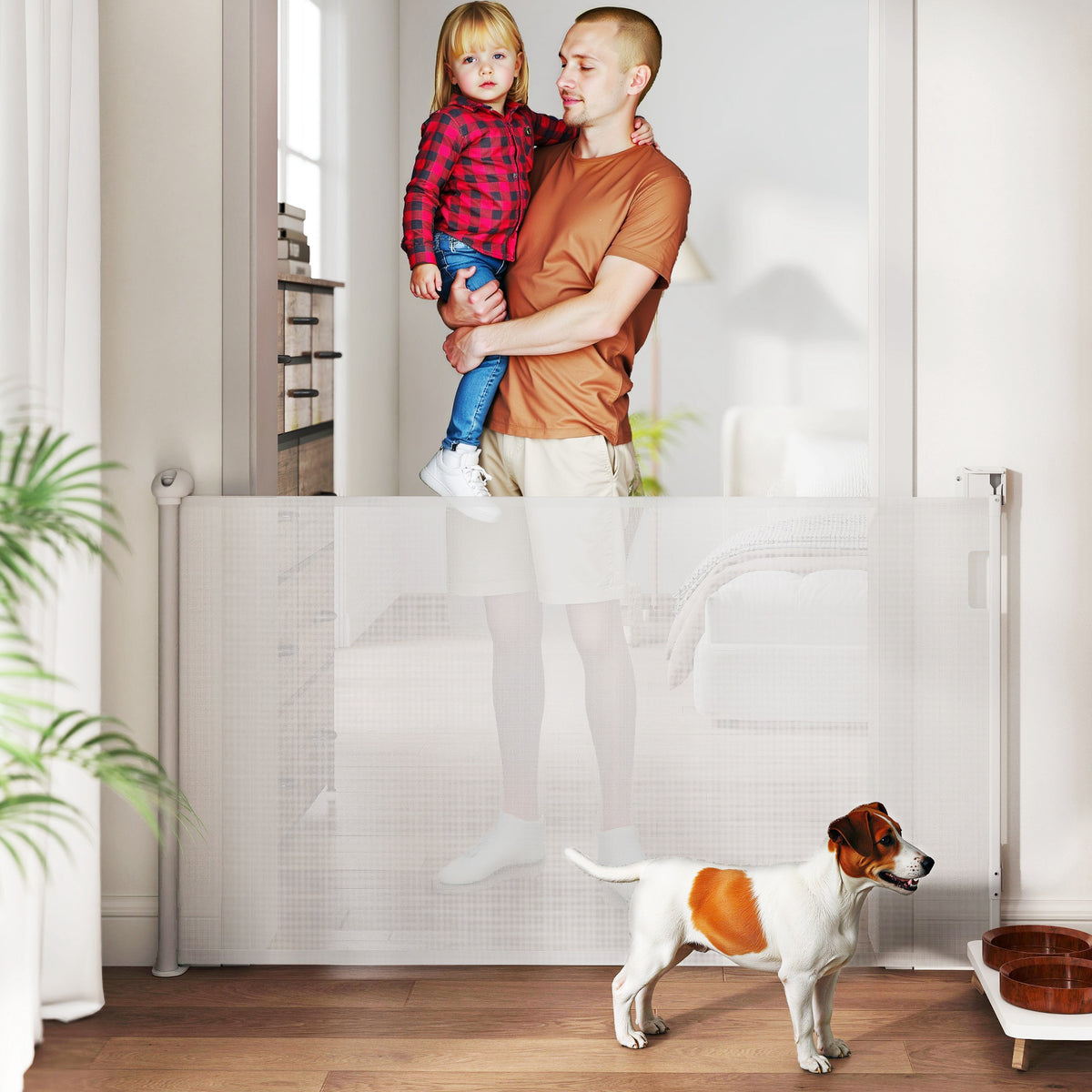 Barrière rétractable pour chien largeur 149 cm verrouillage automatique - blanc
