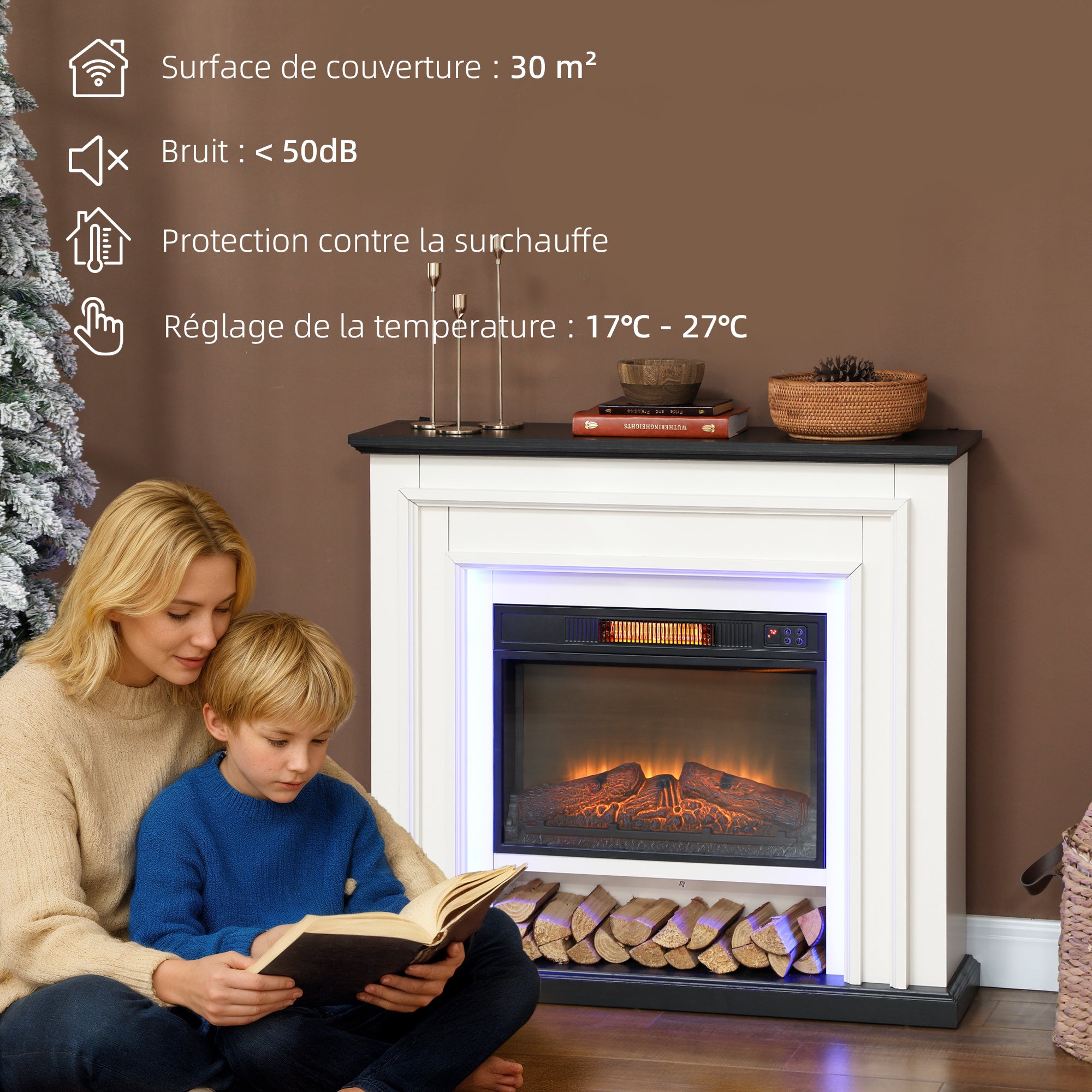 Cheminée électrique 1800W, fausse cheminée décorative lumières LED RGB, effet flamme, manteau, 105 x 27 x 97 cm, noir
