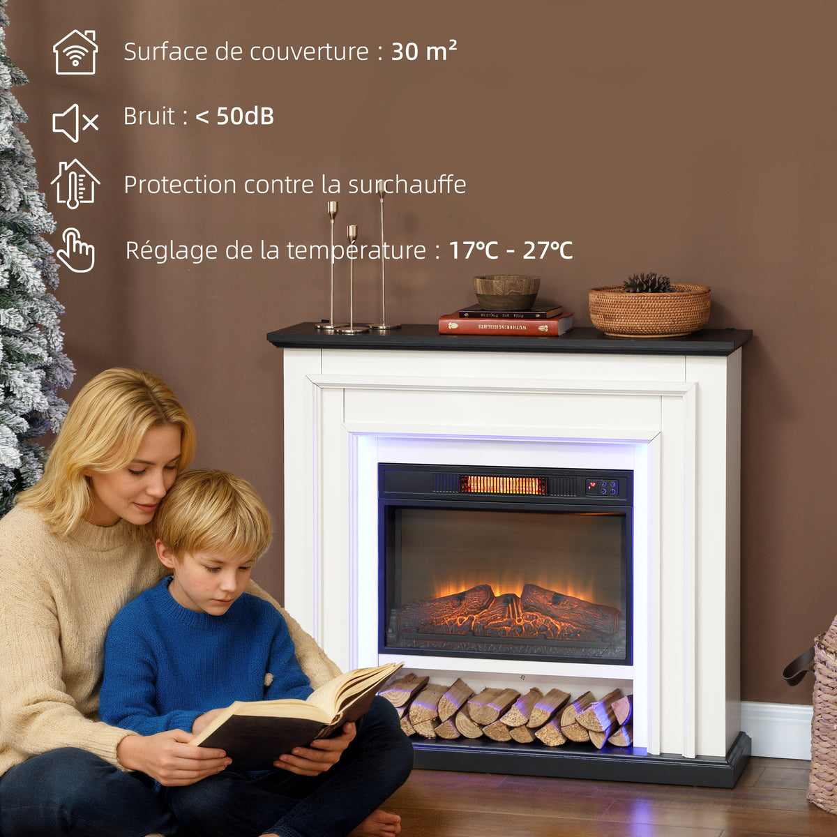 Cheminée électrique 1800W, fausse cheminée décorative lumières LED RGB, effet flamme, manteau, 105 x 27 x 97 cm, noir