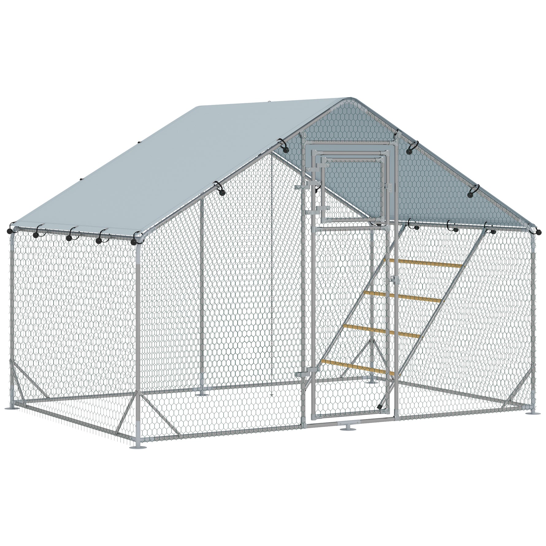 Enclos poulailler extérieur parc grillagé 6 m² avec perchoir et mangeoire acier galvanisé Ø25mm 300x200x195cm argent