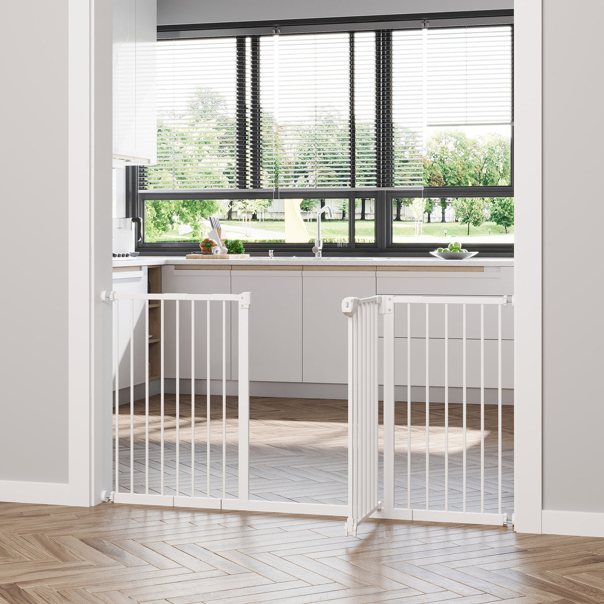 Barrière de sécurité animaux porte fermeture automatique système de double verrouillage sans perçage 3 extensions blanc