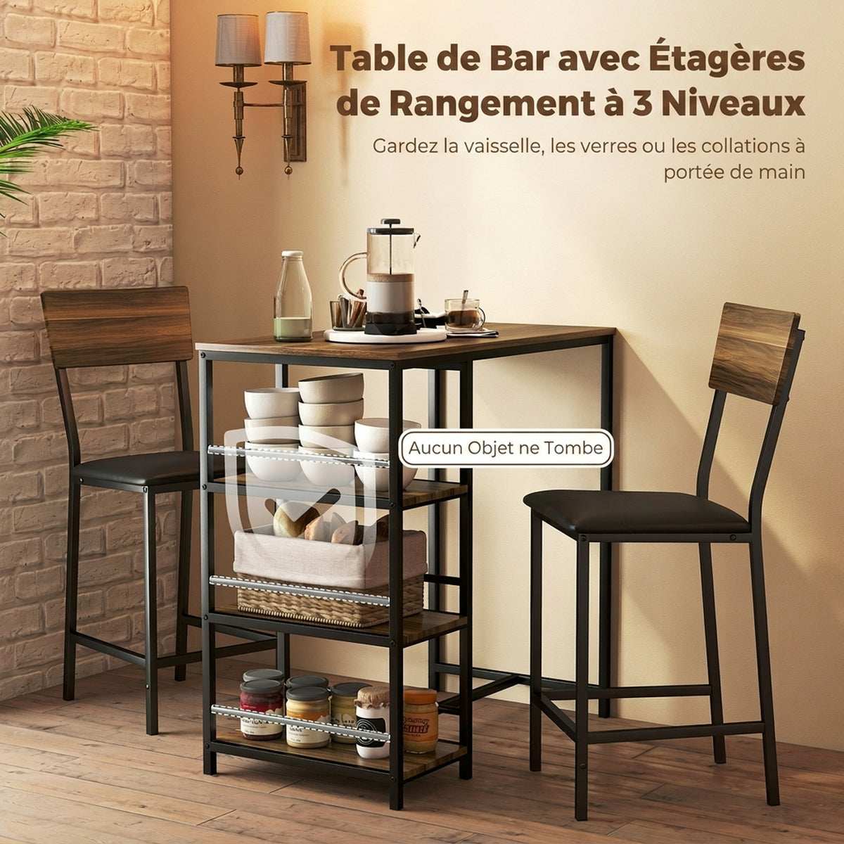 Conjunto de mesa de bar con 2 taburetes, mesa alta de cocina y 2 sillas de bar acolchadas de PU, nogal