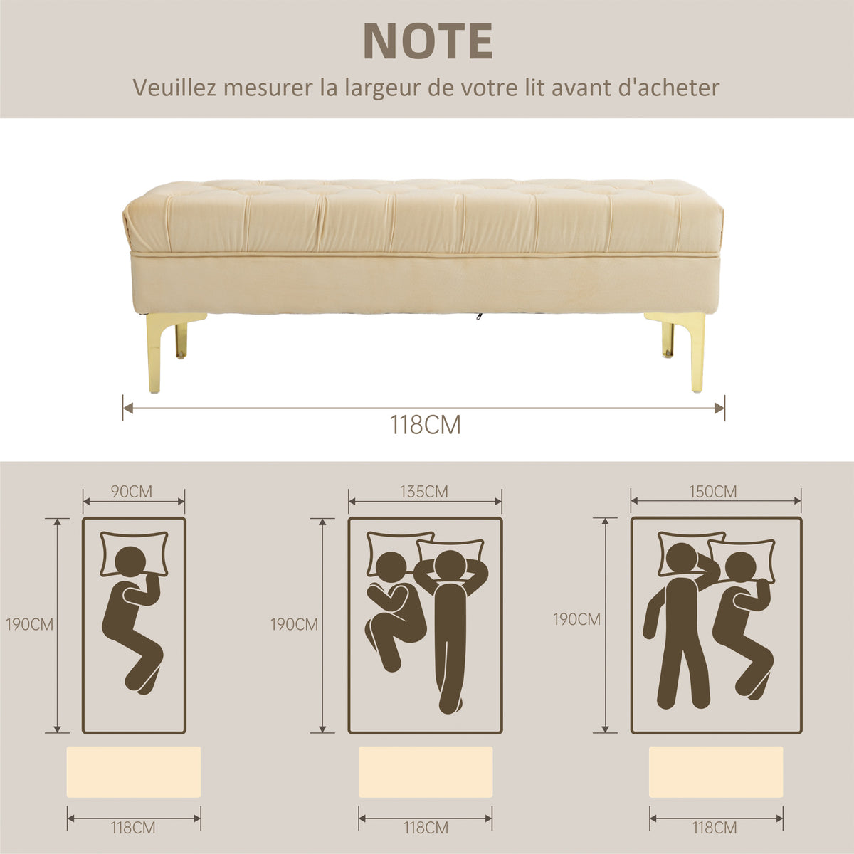 Banc banquette capitonnée bout de lit style classique chic dim. 118L x 45l x 42H cm piètement métal doré velours beige