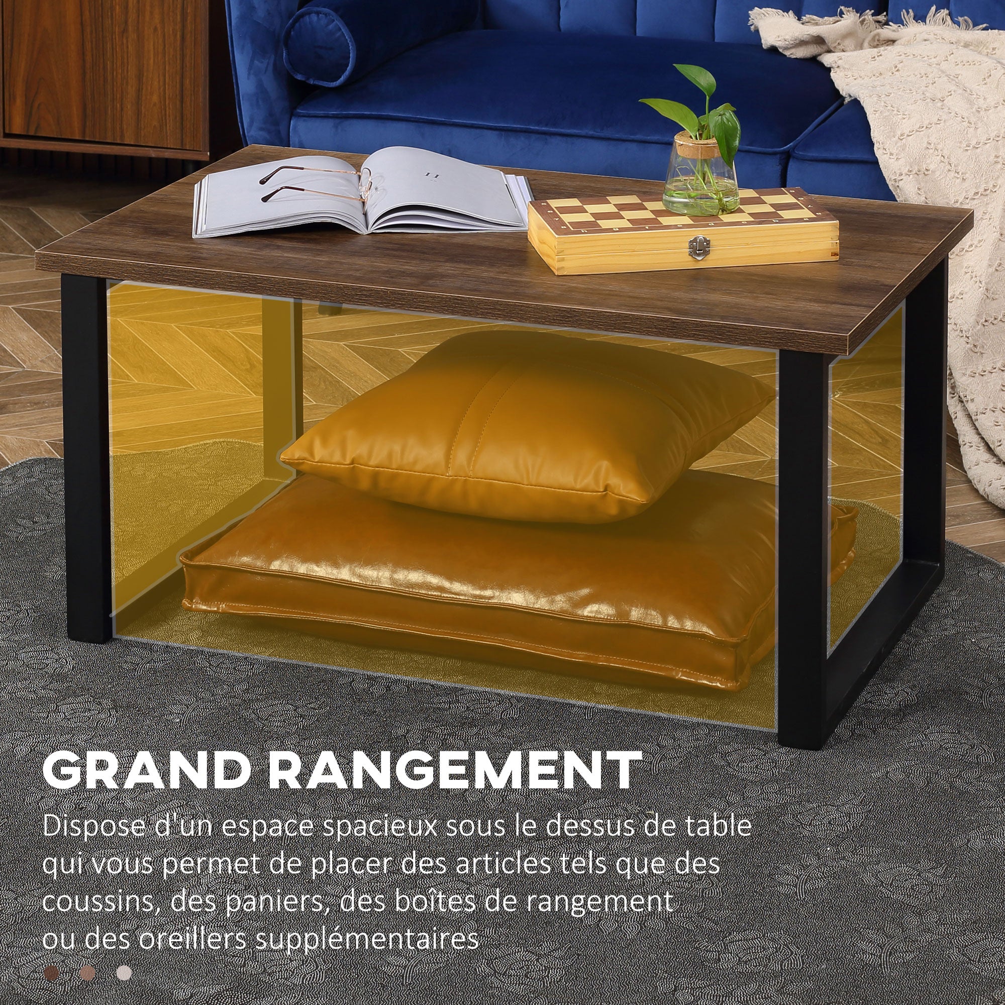 Table basse rectangulaire table de salon style industriel pied métal et plateau aspect bois 100 x 60 x 50 cm