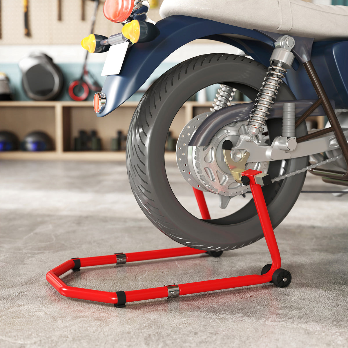 Cavalletto Moto, Capacità 390 kg, Supporto Anteriore e Posteriore Regolabile con Forche a U+L, Morsetti di Fissaggio, 43x36x64cm, Rosso