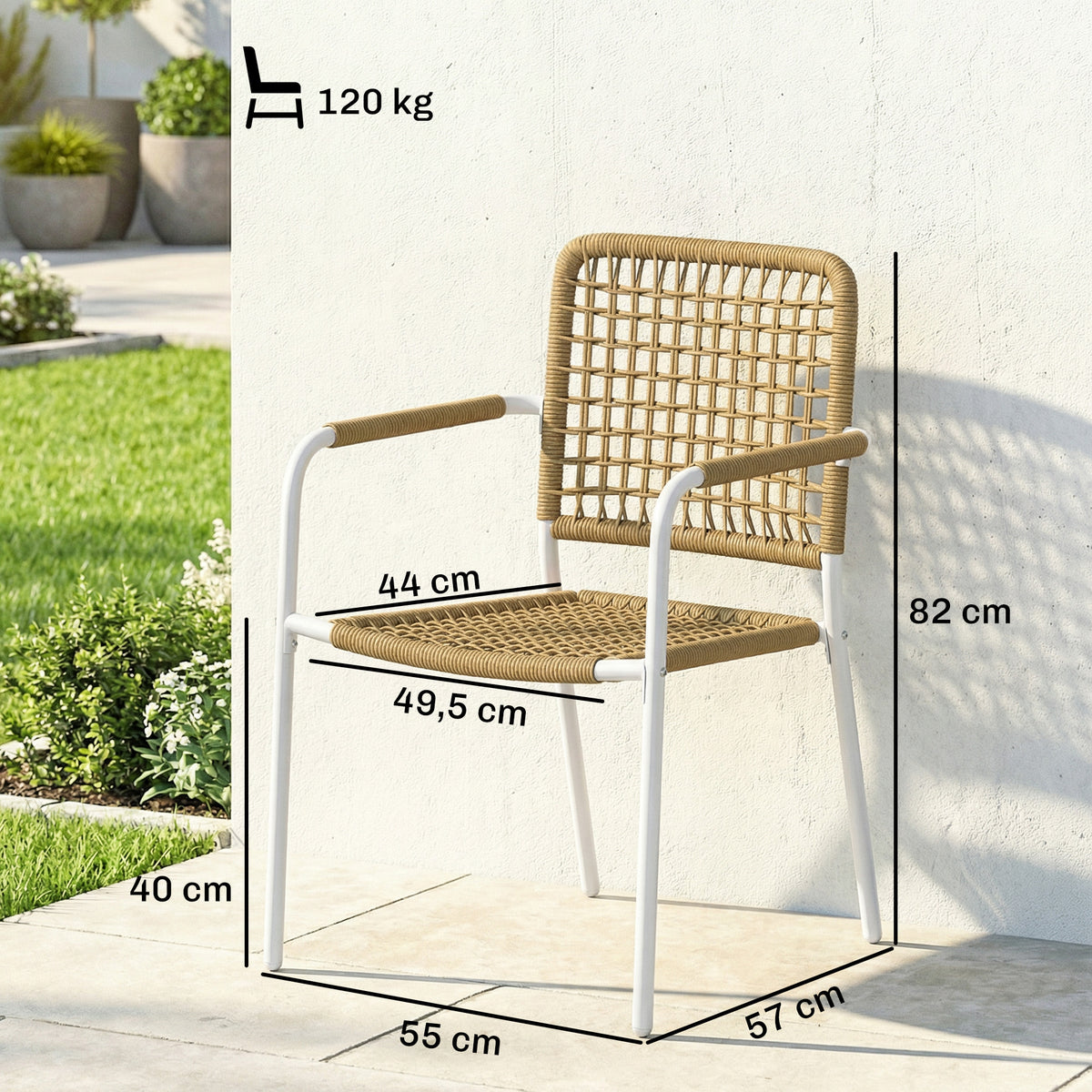 Lot de 2 Chaises de Jardin Empilables en Résine Tressée avec Accoudoirs et Dossier, 55x57x82cm, Jaune