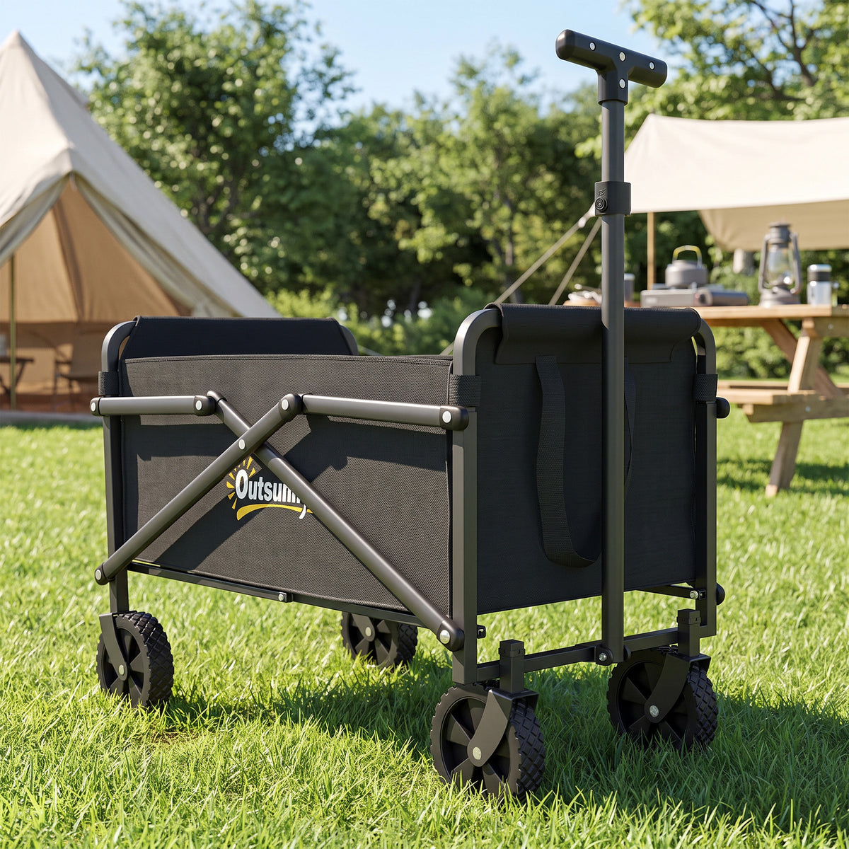 Carro de jardín carro de transporte con ruedas con mango ajustable, con bolsas de transporte 64 x 40 x 60-84 cm negro