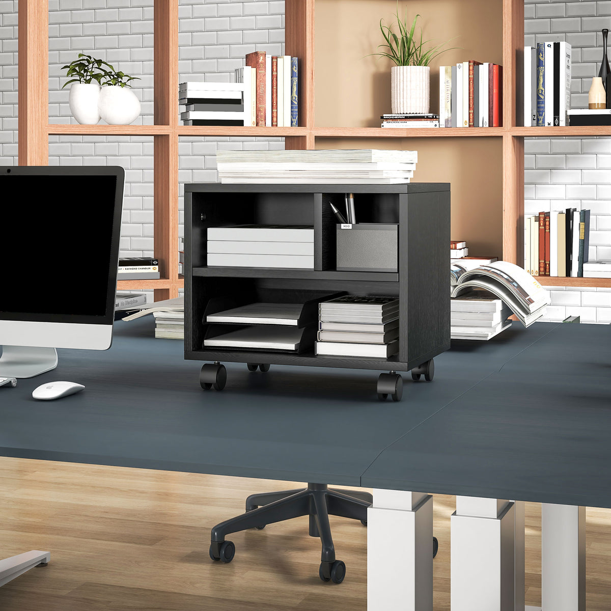 Support d'imprimante meuble de rangement bureau caisson 3 compartiments ouverts 40 x 30 x 36 cm noir