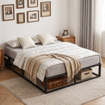 Cadre de Lit 140 x 190 cm avec Sommier, Lit Double avec Pochette de Rangement, Support à Lattes en Bois, Noir