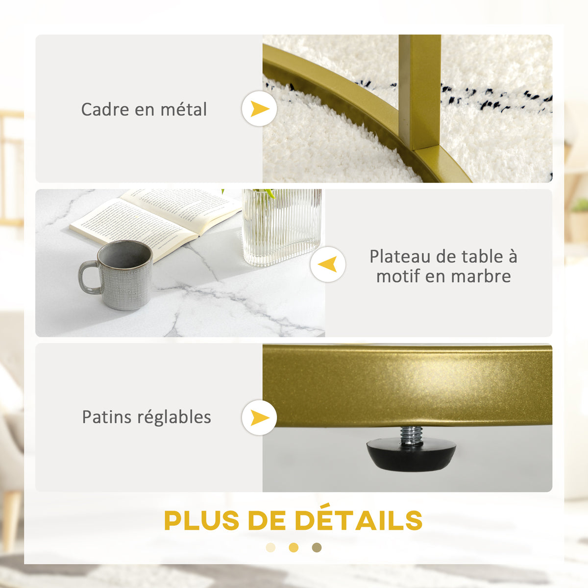 Set van 2 ronde nesttafels met marmerlook blad en stalen frame Ø 74 x 46,3 cm wit goud
