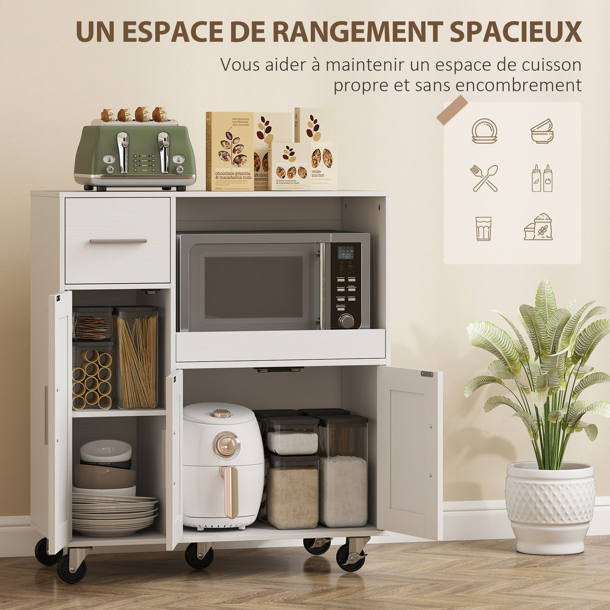 Desserte cuisine à roulettes, meuble micro onde, plateau coulissant, tiroir, placards 3 portes, 80x40x88,7cm, blanc