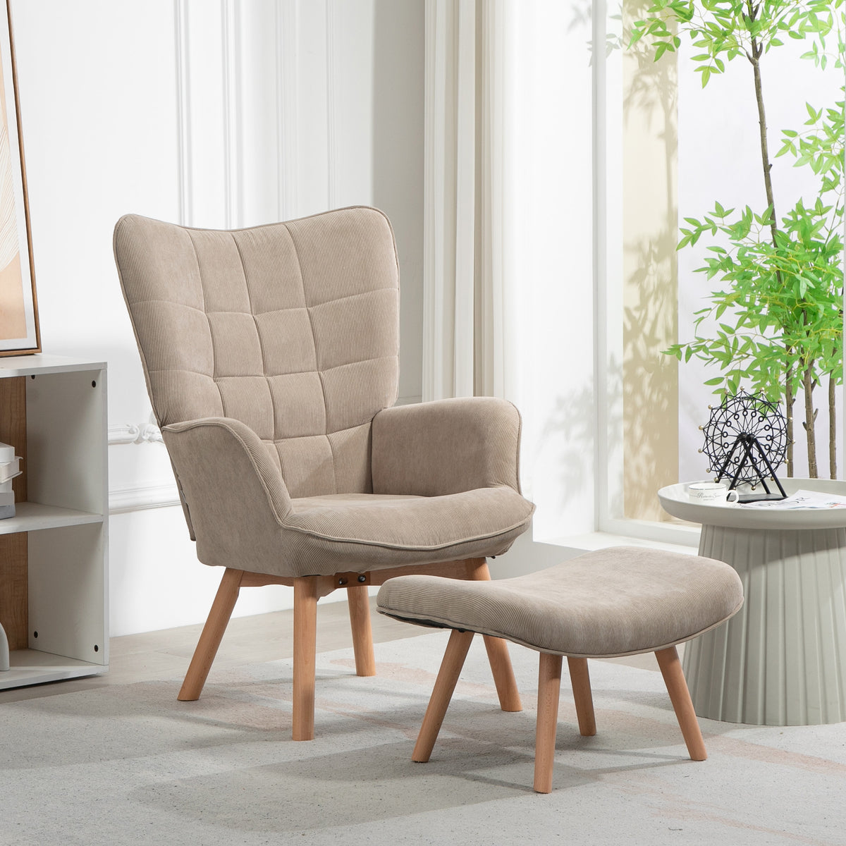 Wohnzimmersessel mit Fußhocker, gepolsterter Akzentsessel aus Cord, hohe Rückenlehne und Armlehnen, Braun