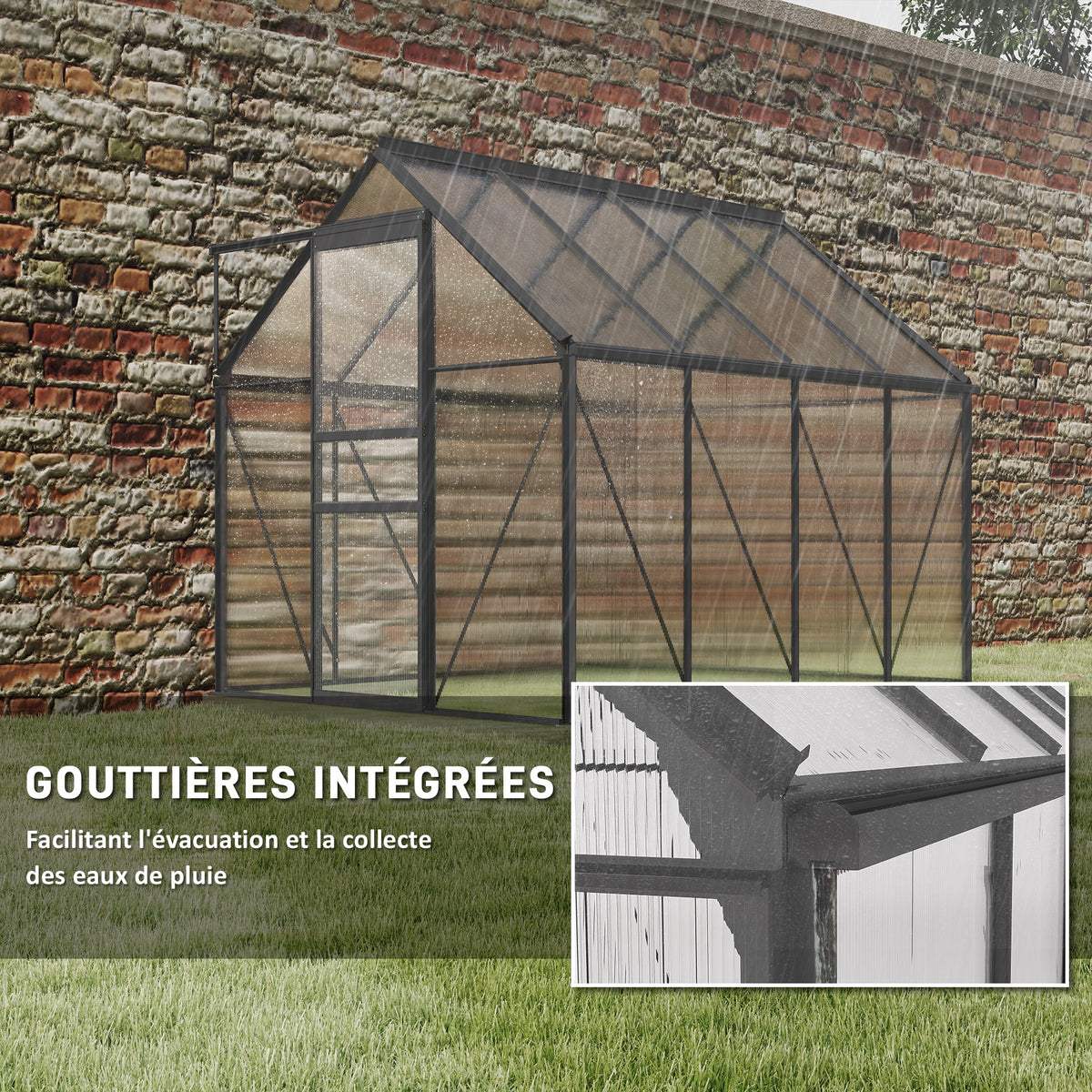 Serre de jardin en polycarbonate 4,8 m²avec fondation, lucarne réglable, porte coulissante 1,9x2,53x1,99m transparent