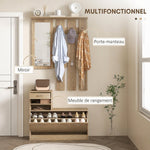 Meuble d'entrée vestiaire panneau porte-manteau, miroir et banc à chaussures - 6 crochets 90x10x91cm effet bois naturel