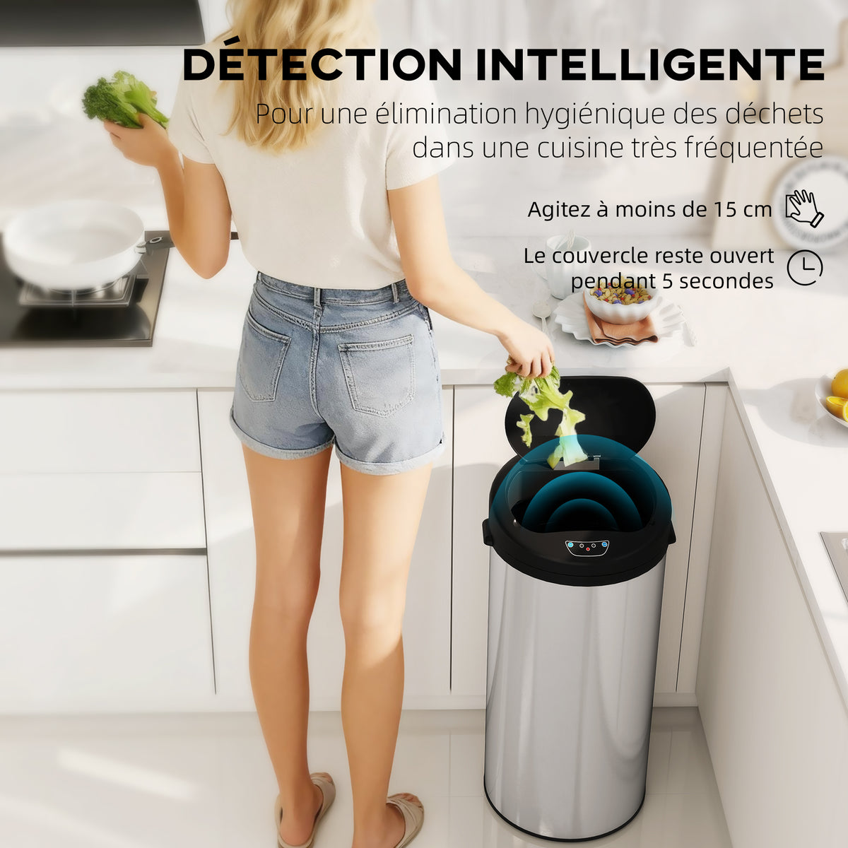 Poubelle de cuisine automatique 30 L en acier inoxydable, couvercle à fermeture en douceur, 32 x 30 x 68 cm, argent