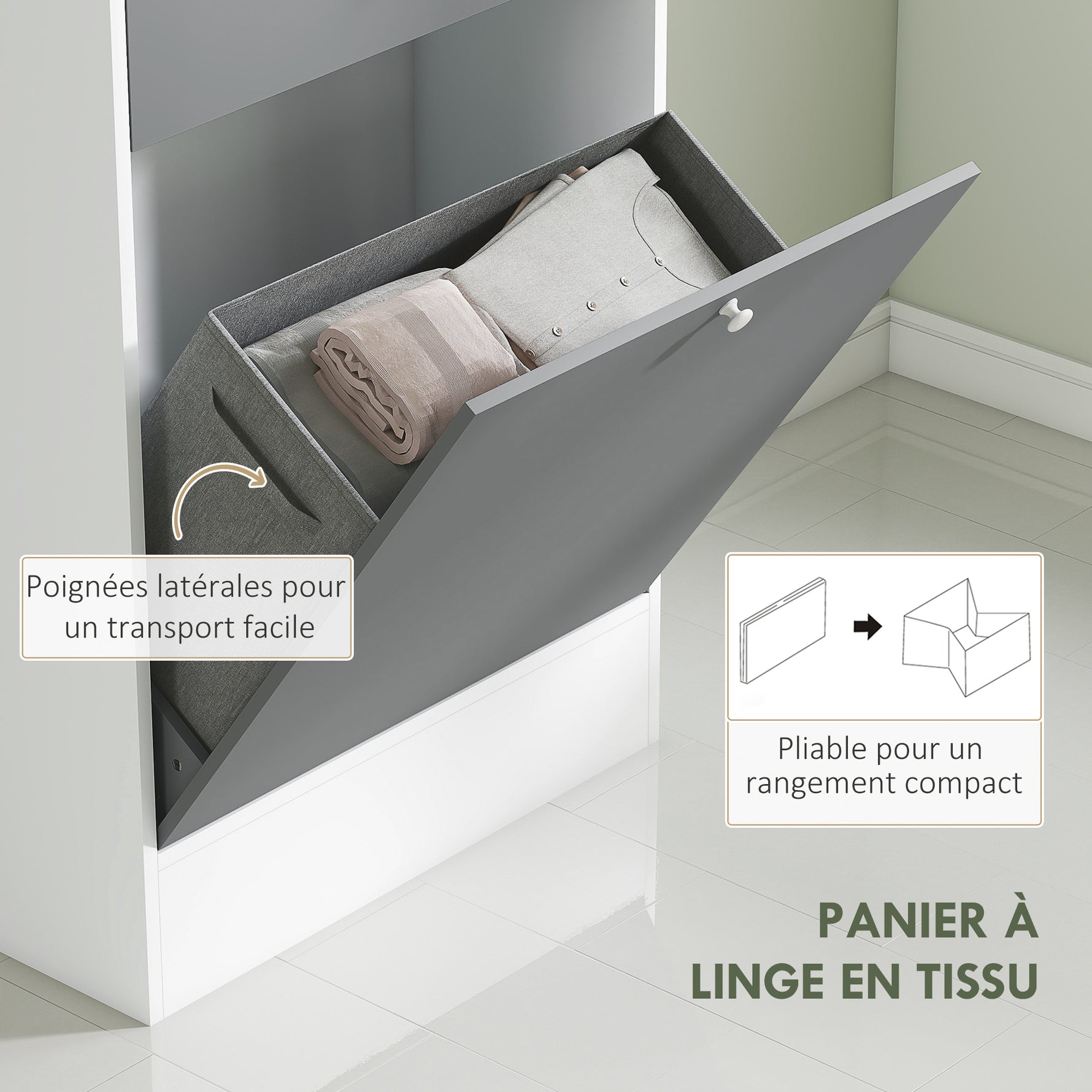 Meuble de salle de bain avec panier à linge et miroir étagère réglable 62 x 28,3 x 181 cm gris et blanc