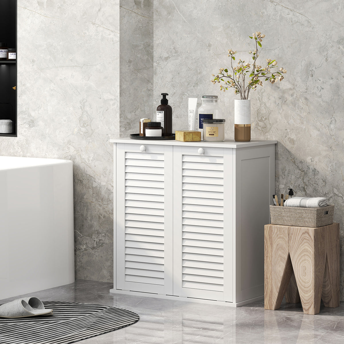Meuble salle de bain avec panier à linge armoire salle de bain en bois portes persiennes 2 paniers 70 x 38 x 73 cm blanc