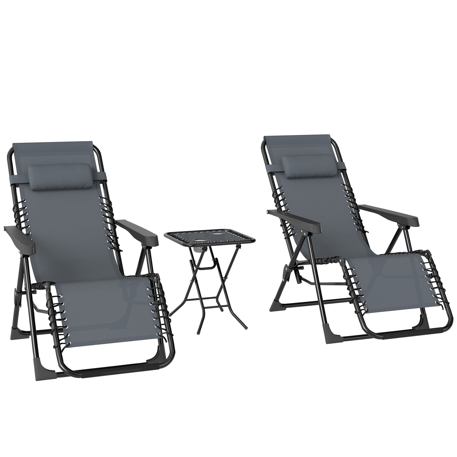 Lot de 2 chaise longue pliable et inclinable avec table d'appoint, porte-gobelets et appuie-têtes, charge 120 kg, gris