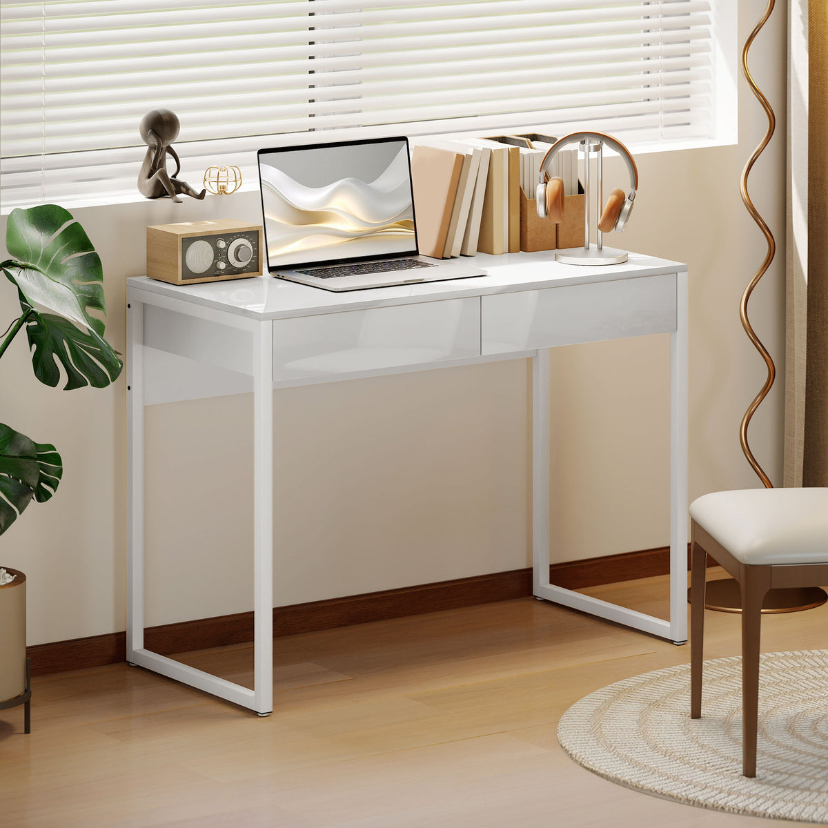 Bureau avec 2 tiroirs, table d'ordinateur 100 x 50 cm, bureau moderne pied en acier, pour petits espaces, blanc brillant