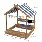 Holz-Sandkasten in Hausform für Kinder mit Vordach, 2 Becken, Spüle und Tafel, 124 x 116 x 146 cm, Schwarz