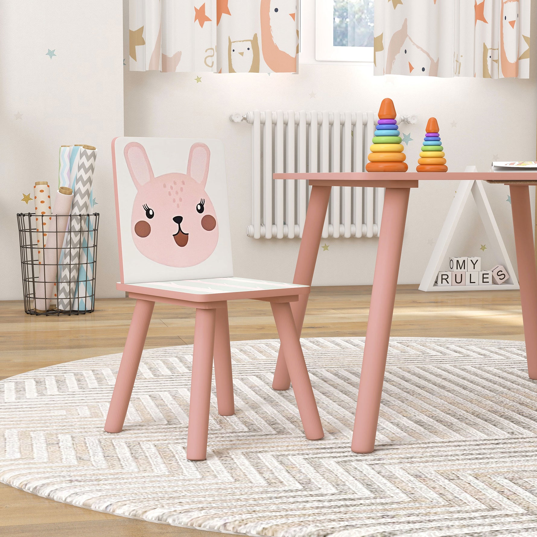 Ensemble table et chaises pour enfants, table pour enfant avec 2 chaises, motif animaux pour chambre à coucher rose