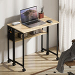Bureau pliable sur roulettes 80 x 50 cm avec étagère et sac de rangement, chêne