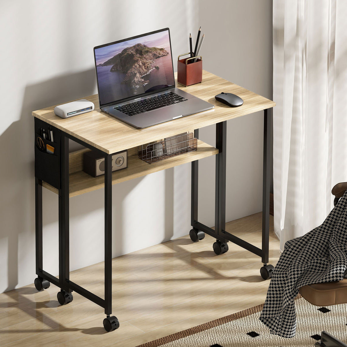 Bureau pliable sur roulettes 80 x 50 cm avec étagère et sac de rangement, chêne