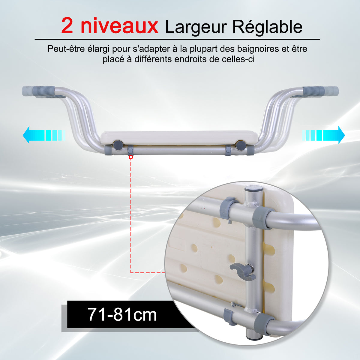 Badewannensitz – verstellbarer Einhängesitz – Duschhocker – Maße 73–83L x 22B x 18H cm – Aluminium/HDPE Weiß