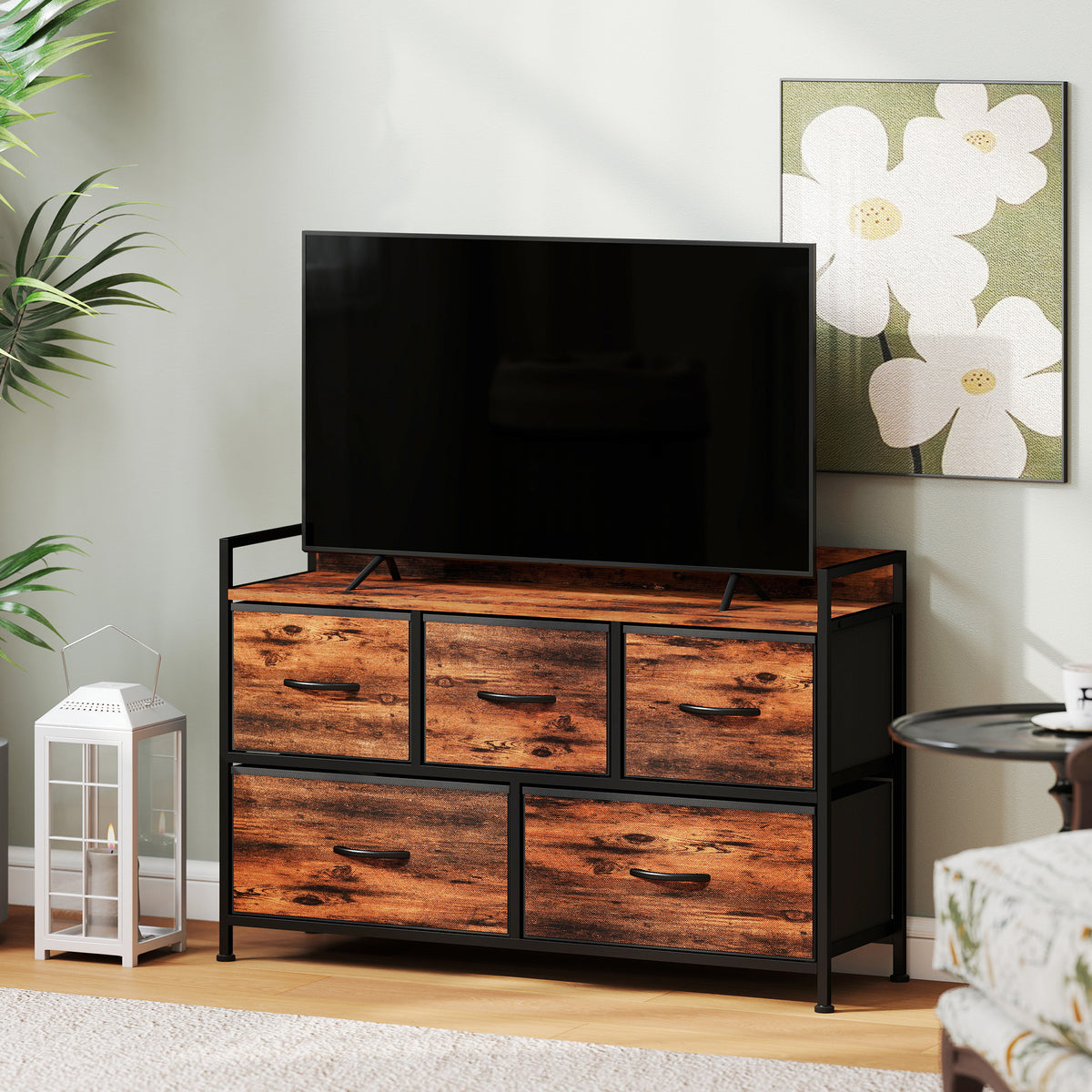Cómoda, mueble de almacenaje con 5 cajones de tela plegables, tablero y estructura de acero, 98 x 29 x 63 cm, marrón rústico