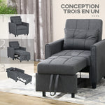 Fauteuil convertible 1 place 3 en 1 dossier réglable en 3 positions oreiller inclus 2 poches latérales 69x82x85cm gris