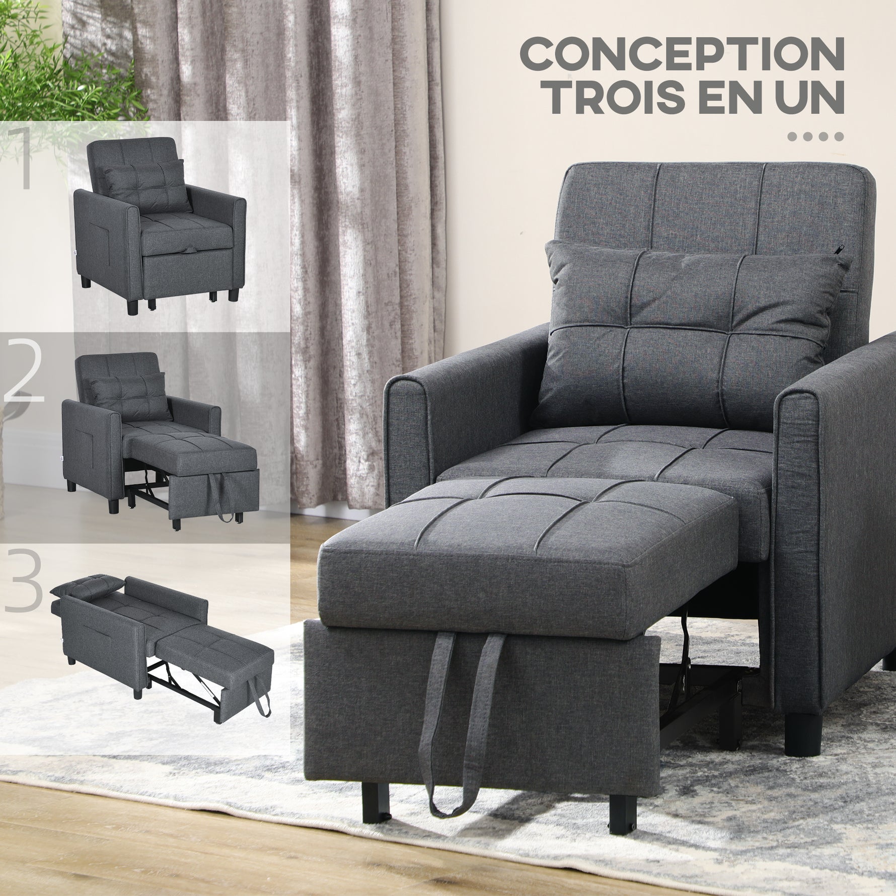 Fauteuil convertible 1 place 3 en 1 dossier réglable en 3 positions oreiller inclus 2 poches latérales 69x82x85cm gris