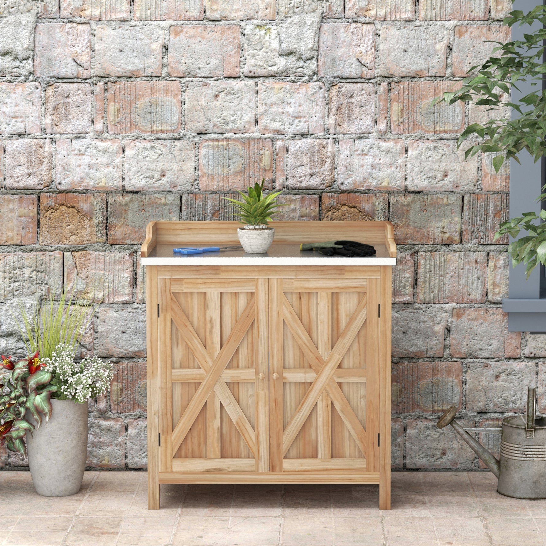 Table de rempotage armoire de rangement avec 2 étagères, plateau galvanisé patins antidérapants en bois sapin